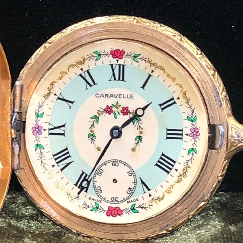 Gold Tone Floral Pocket Watch easy to change face. Victorian dancers
